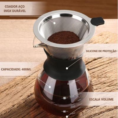 Cafeteira Vidro Com Coador Inox Filtro Passador Cafe 400ml Bule Jarra Manual Boro Borossilicato