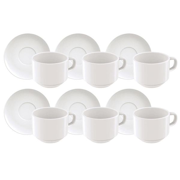 Conjunto com 6 Xícaras e Pires para Chá Tramontina Paola em Porcelana Branca - 240 ml