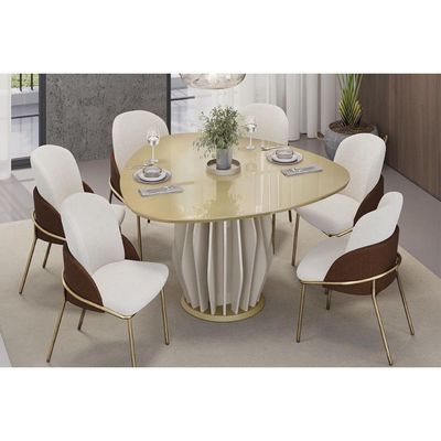 Mesa Jantar Tokyo c/ Tampo Madeirado c/ Vidro OrgÃ¢nico 136cm Off White/Off White DJ Móveis