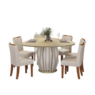 Mesa Jantar Tokyo c/ Tampo Madeirado c/ Vidro OrgÃ¢nico 136cm Off White/Off White DJ Móveis