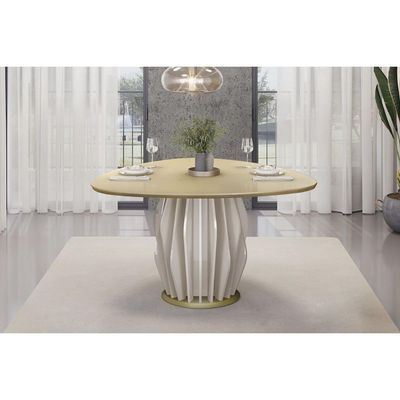 Mesa Jantar Tokyo c/ Tampo Madeirado c/ Vidro OrgÃ¢nico 136cm Off White/Off White DJ Móveis
