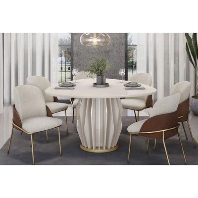Mesa Jantar Tokyo c/ Tampo Madeirado c/ Vidro OrgÃ¢nico 136cm Off White/Off White DJ Móveis