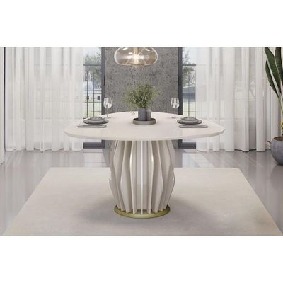 Mesa Jantar Tokyo c/ Tampo Madeirado c/ Vidro OrgÃ¢nico 136cm Off White/Off White DJ Móveis
