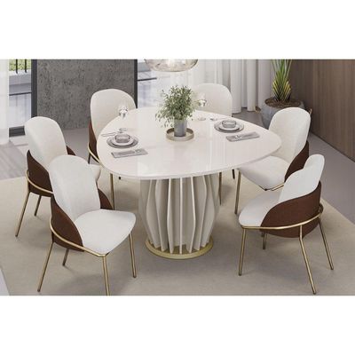 Mesa Jantar Tokyo c/ Tampo Madeirado c/ Vidro OrgÃ¢nico 136cm Off White/Off White DJ Móveis
