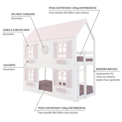 Beliche Montessoriano Casinha Bela Com Coração 4 Janelas Venezianas MadeiraMaciça Branco/rosa Housin