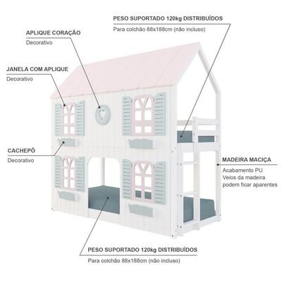 Beliche Montessoriano Casinha BelaCoração 4 JanelasVenezianas MadeiraMaciça Branco/rosa/verde Housin