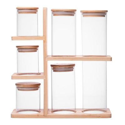 Porta Temperos 6 Peças Vidro Com Tampa E Suporte De Bambu Wolff