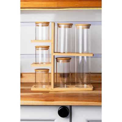 Porta Temperos 6 Peças Vidro Com Tampa E Suporte De Bambu Wolff