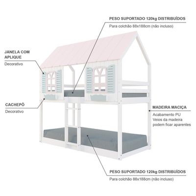 Beliche Montessoriano Casinha Bela - Madeira Maciça Branco/rosa/verde | Housin