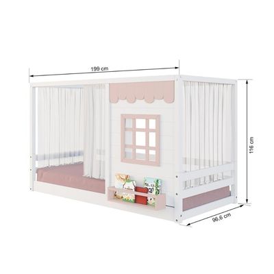 Cama Montessoriano Casinha Reta Com Janela E Cortina Madeira Maciça Branco/rosa Housin