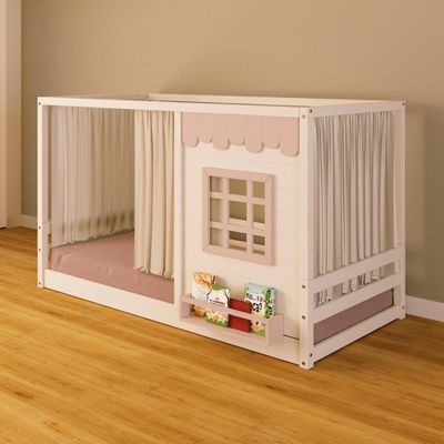 Cama Montessoriano Casinha Reta Com Janela E Cortina Madeira Maciça Branco/rosa Housin