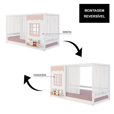 Cama Montessoriano Casinha Reta Com Janela E Cortina Madeira Maciça Branco/rosa Housin