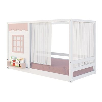 Cama Montessoriano Casinha Reta Com Janela E Cortina Madeira Maciça Branco/rosa Housin