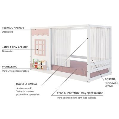 Cama Montessoriano Casinha Reta Com Janela E Cortina Madeira Maciça Branco/rosa Housin