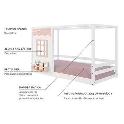 Cama Montessoriano Casinha Reta Com Janela Madeira Maciça Branco/rosa Housin