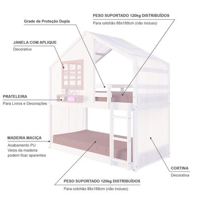 Beliche Montessoriano Casinha Com Janela E Cortina Madeira Maciça Branco/rosa Housin