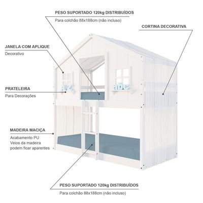 Beliche Montessoriano Casinha Dos Sonhos Com Cortina Madeira Maciça Branco Housin
