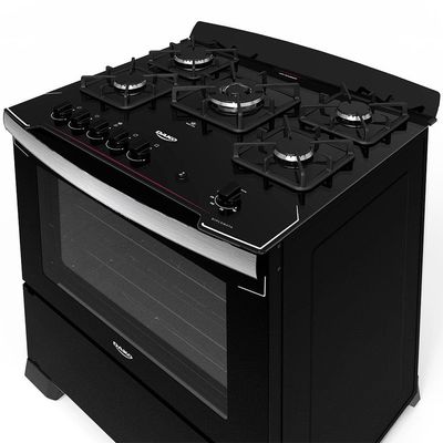 Fogão Dako 5 Bocas Diplomata com Mesa de Vidro, Acendimento Automático e Queimador Tripla Chama Bivolt – Preto