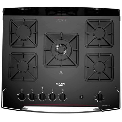 Fogão Dako 5 Bocas Diplomata com Mesa de Vidro, Acendimento Automático e Queimador Tripla Chama Bivolt  Preto