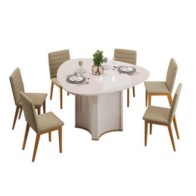 Mesa Jantar Chanel c/ Tampo Madeirado c/ Vidro OrgÃ¢nico 136cm Off White/Off White DJ Móveis