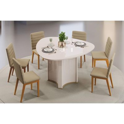 Mesa Jantar Chanel c/ Tampo Madeirado c/ Vidro OrgÃ¢nico 136cm Off White/Off White DJ Móveis