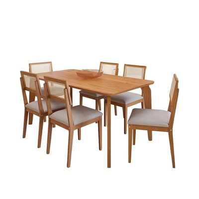 Conjunto de Mesa Retangular com Tampo MDF Papaia e 6 Cadeiras Palmas Linho Bege e Cinamomo