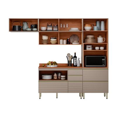 Cozinha Compacta com 2 Vidros Reflecta Ripada Proença 6 Portas 6 Gavetas Bege e Nogueira