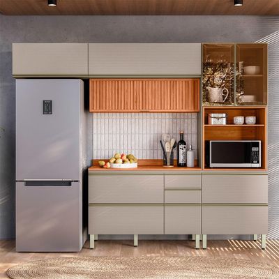 Cozinha Compacta com 2 Vidros Reflecta Ripada Proença 6 Portas 6 Gavetas Bege e Nogueira