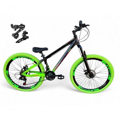 Bicicleta Aro26 Vikingx Tuff Cambio Shimano 21v Freio Disco Aro Pneu Flame preto-Verde X44