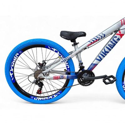 Bicicleta Aro26 VikingxTuff CâmbiosShimano 21vFreeride FreioDisco AroVmaxx Pneu Flame prata-Azul X25