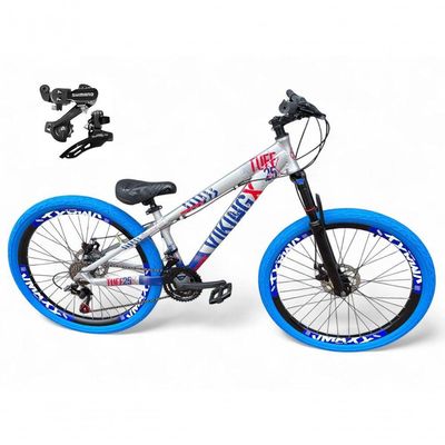 Bicicleta Aro26 VikingxTuff CâmbiosShimano 21vFreeride FreioDisco AroVmaxx Pneu Flame prata-Azul X25