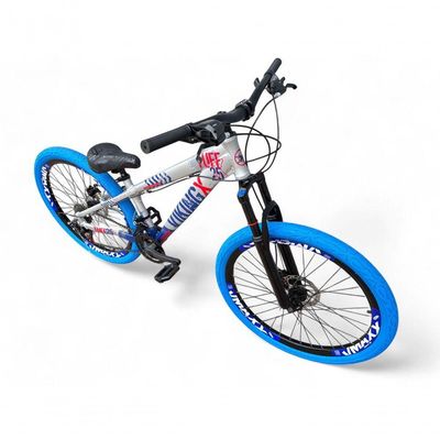 Bicicleta Aro26 VikingxTuff CâmbiosShimano 21vFreeride FreioDisco AroVmaxx Pneu Flame prata-Azul X25