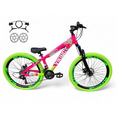 Bicicleta Aro26 Vikingx Tuff Freio Hidráulico 21v Suspensão Pneu Flame rosa-Verde X25