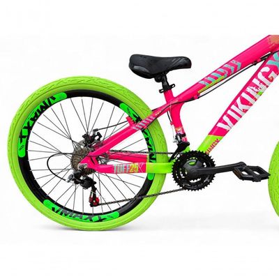 Bicicleta Aro26 Vikingx Tuff Freio Hidráulico 21v Suspensão Pneu Flame rosa-Verde X25