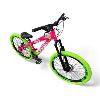 Bicicleta Aro26 Vikingx Tuff Freio Hidráulico 21v Suspensão Pneu Flame rosa-Verde X25