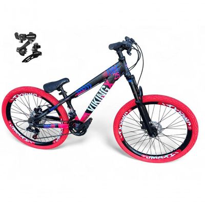 Bicicleta Aro26 Vikingx Tuff Cambio Shimano 21v Freio Disco Aro Pneu Flame preto-rosa X25