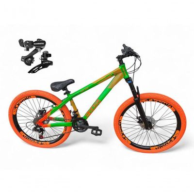 Bicicleta Aro26 Vikingx Tuff Cambio Shimano 21v Freio Disco Aro Pneu Flame Verde-Laranja X35