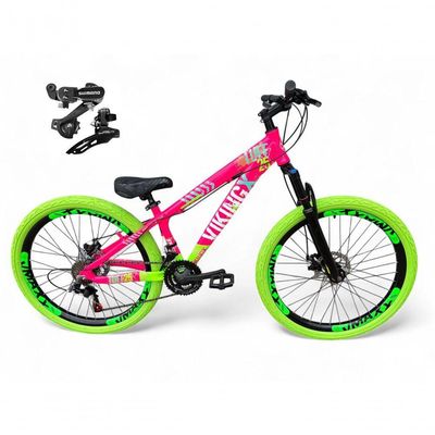 Bicicleta Aro26 Vikingx Tuff Cambio Shimano 21v Freio Disco Aro Pneu Flame rosa-Verde X25