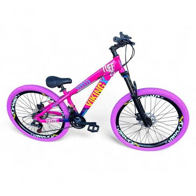 Bicicleta Aro26 Vikingx Tuff 21v Aro Freio Disco Garfo Suspensão Pneu Flame rosa-Azul X25