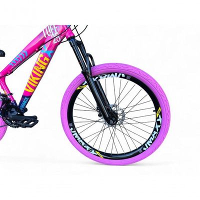 Bicicleta Aro26 Vikingx Tuff 21v Aro Freio Disco Garfo Suspensão Pneu Flame rosa-Azul X25