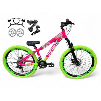 Bicicleta Aro26 Vikingx Tuff Cambio Shimano Freio Hidráulico 21v Aro Flame rosa-Verde X25