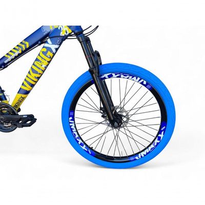 Bicicleta Aro26 Vikingx Tuff Cambio Shimano 21v Freio Disco Aro Pneu Flame Azul-amarelo X25