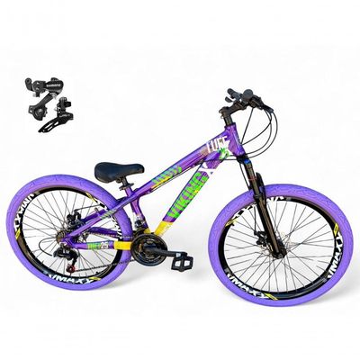 Bicicleta Aro26 Vikingx Tuff Cambio Shimano 21v Freio Disco Aro Pneu Flame Roxo-amarelo-Verde X25