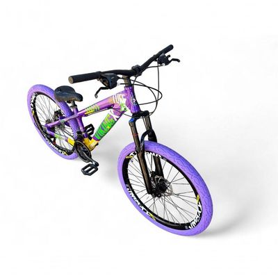 Bicicleta Aro26 Vikingx Tuff Cambio Shimano Freio Hidráulico 21v Aro Flame Roxo-amarelo-Verde X25