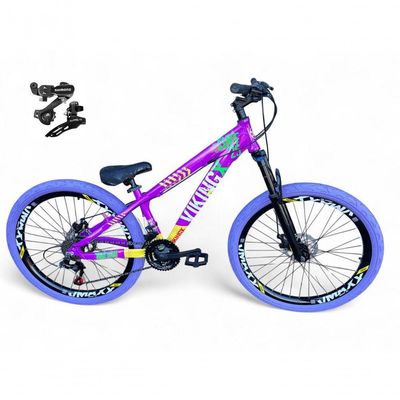 Bicicleta Aro26 Vikingx Tuff Cambio Shimano 21v Freio Disco Aro Pneu Flame Roxo-amarelo X25