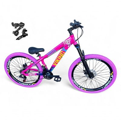 Bicicleta Aro26 Vikingx Tuff Cambio Shimano 21v Freio Disco Aro Pneu Flame rosa-Azul X25