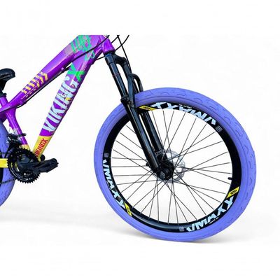 Bicicleta Aro26 Vikingx Tuff 21v Aro Freio Disco Garfo Suspensão Pneu Flame Roxo-amarelo X25