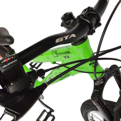 Bicicleta Aro26 Gta Rebel Freeride Downhill Single 7v Rodas Vmaxx Freio Disco Pneu Flame Preto Verde