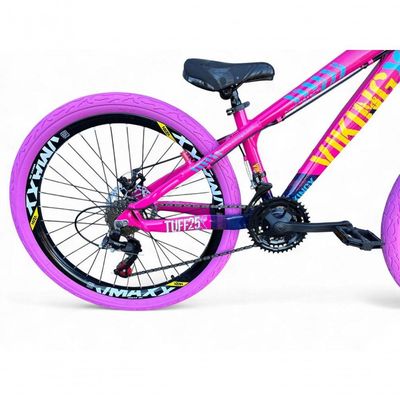 Bicicleta Aro26 Vikingx Tuff Freio Hidráulico 21v Suspensão Pneu Flame rosa-Azul X25