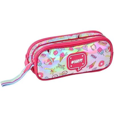 Kit Mochila De Rodinhas + Lancheira Térmica + Estojo Duplo Happy Clio Rosa